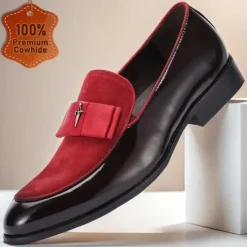 New OUKU Men's Premium Cowhide Loafers with Red Suede Accent and Bow Detail – Luxury Formal Slip-On Dress Shoes Wine