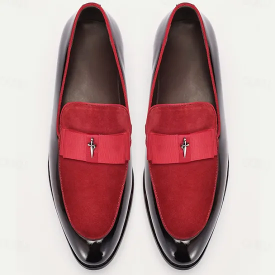New OUKU Men's Premium Cowhide Loafers with Red Suede Accent and Bow Detail – Luxury Formal Slip-On Dress Shoes Wine