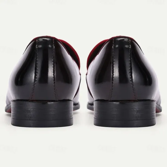 New OUKU Men's Premium Cowhide Loafers with Red Suede Accent and Bow Detail – Luxury Formal Slip-On Dress Shoes Wine