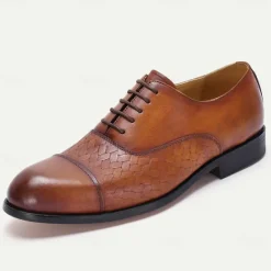 New OUKU Men's Premium Cowhide Oxford Shoes with Woven Leather Design, Classic Lace-Up Style for Formal and Business Occasions