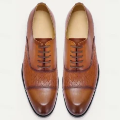 New OUKU Men's Premium Cowhide Oxford Shoes with Woven Leather Design, Classic Lace-Up Style for Formal and Business Occasions