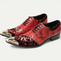 Outlet OUKU Men's Premium Leather Dress Shoes with Gold Tip Artistic Print and Studded Detail–Stylish Formal Footwear for Special Occasions Red