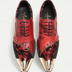 Outlet OUKU Men's Premium Leather Dress Shoes with Gold Tip Artistic Print and Studded Detail–Stylish Formal Footwear for Special Occasions Red