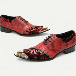 Outlet OUKU Men's Premium Leather Dress Shoes with Gold Tip Artistic Print and Studded Detail–Stylish Formal Footwear for Special Occasions Red