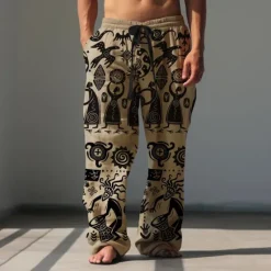 Sale OUKU Men's Print Casual Pants Mid Waist Hawaiian Ethnic Style Holiday Straight Leg Summer Spring 3D Print Black Brown Green