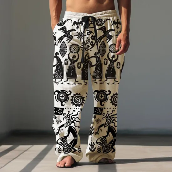 Sale OUKU Men's Print Casual Pants Mid Waist Hawaiian Ethnic Style Holiday Straight Leg Summer Spring 3D Print Black Brown Green
