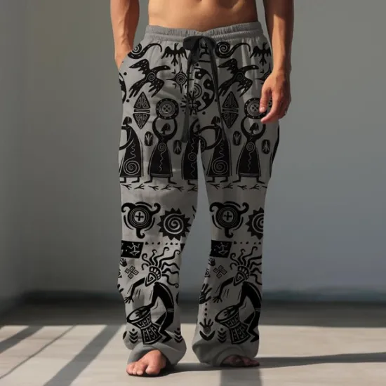 Sale OUKU Men's Print Casual Pants Mid Waist Hawaiian Ethnic Style Holiday Straight Leg Summer Spring 3D Print Black Brown Green