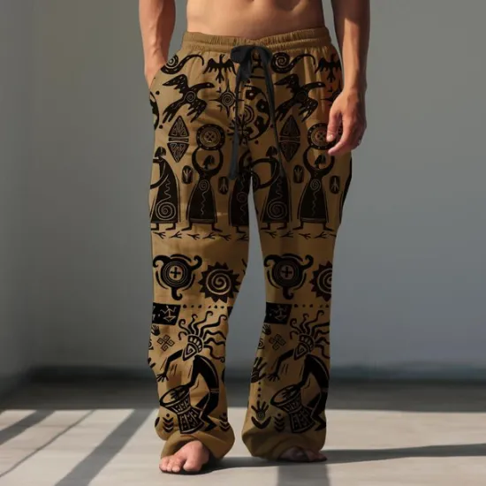 Sale OUKU Men's Print Casual Pants Mid Waist Hawaiian Ethnic Style Holiday Straight Leg Summer Spring 3D Print Black Brown Green