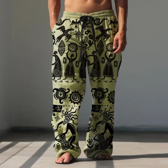 Sale OUKU Men's Print Casual Pants Mid Waist Hawaiian Ethnic Style Holiday Straight Leg Summer Spring 3D Print Black Brown Green