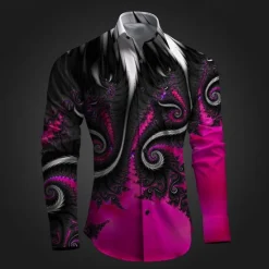 Outlet OUKU Men's Printed Shirts Long Sleeve Subcultural Vacation Party Street Spring & Summer Turndown Print Button-Down Red+Pink Red Navy Blue Blue Purple