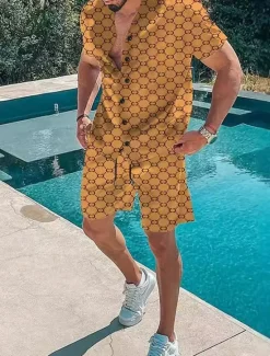 OUKU Men's Printing 2pcs Shirts Sets Shirt Short Sleeve Short Pants Turndown Vacation Casual Casual Vacation Wear 3D Print Summer Robin's Egg Blue Black Yellow