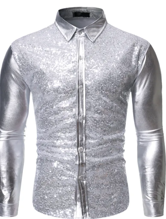 Best OUKU Men's Prom Shirt Disco Shirt Satin Silk Shirt Solid Color Wedding Party Silver Black Wine Blue Long Sleeve Collar Clothing Apparel Sequins