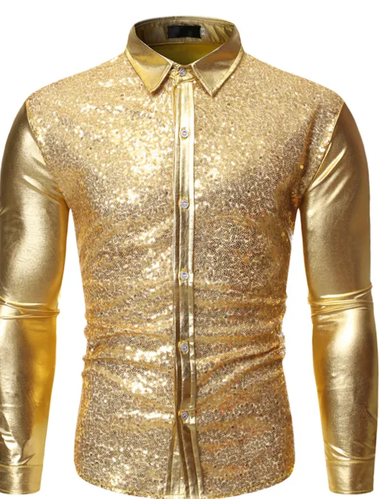Best OUKU Men's Prom Shirt Disco Shirt Satin Silk Shirt Solid Color Wedding Party Silver Black Wine Blue Long Sleeve Collar Clothing Apparel Sequins