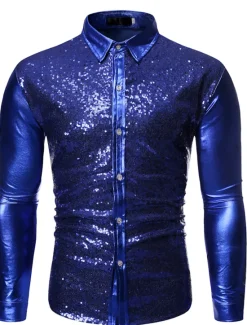 Best OUKU Men's Prom Shirt Disco Shirt Satin Silk Shirt Solid Color Wedding Party Silver Black Wine Blue Long Sleeve Collar Clothing Apparel Sequins
