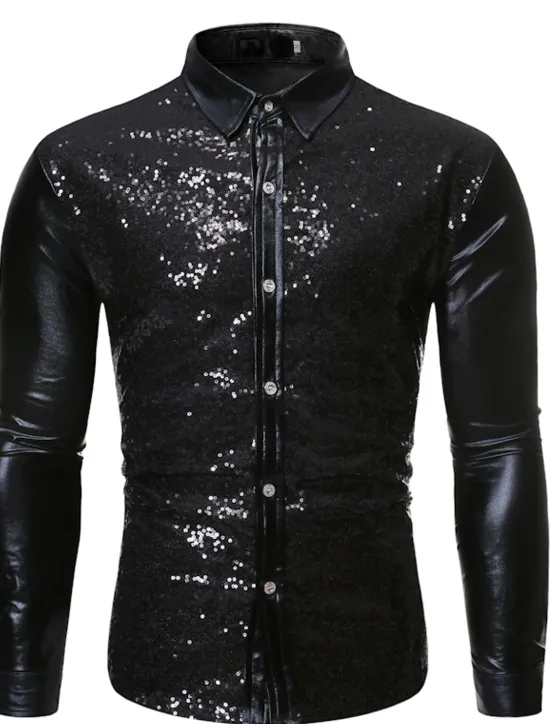 Best OUKU Men's Prom Shirt Disco Shirt Satin Silk Shirt Solid Color Wedding Party Silver Black Wine Blue Long Sleeve Collar Clothing Apparel Sequins