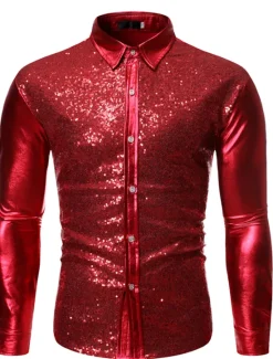 Best OUKU Men's Prom Shirt Disco Shirt Satin Silk Shirt Solid Color Wedding Party Silver Black Wine Blue Long Sleeve Collar Clothing Apparel Sequins
