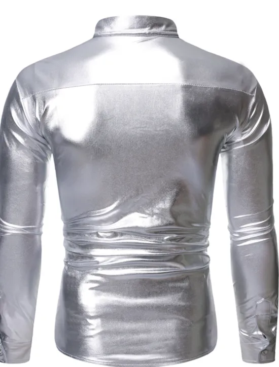 Best OUKU Men's Prom Shirt Disco Shirt Satin Silk Shirt Solid Color Wedding Party Silver Black Wine Blue Long Sleeve Collar Clothing Apparel Sequins