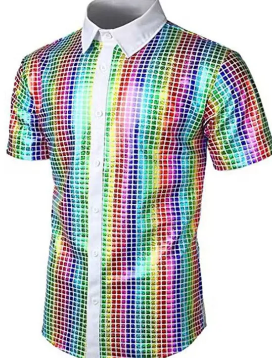 Hot OUKU Men's Prom Shirt Disco Shirt Tuxedo Shirts Plain Formal Evening Birthday Party Black Yellow Blue Rainbow Short Sleeve Lapel Summer Spring Clothing Apparel Sequins