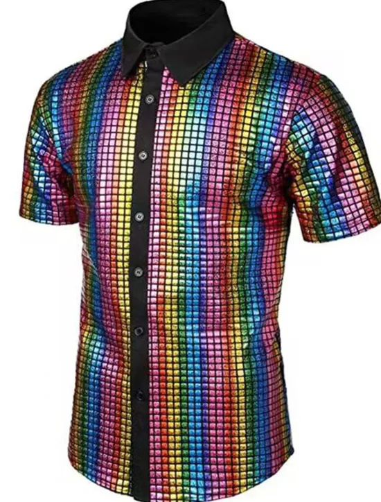 Hot OUKU Men's Prom Shirt Disco Shirt Tuxedo Shirts Plain Formal Evening Birthday Party Black Yellow Blue Rainbow Short Sleeve Lapel Summer Spring Clothing Apparel Sequins