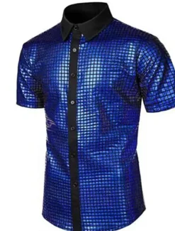 Hot OUKU Men's Prom Shirt Disco Shirt Tuxedo Shirts Plain Formal Evening Birthday Party Black Yellow Blue Rainbow Short Sleeve Lapel Summer Spring Clothing Apparel Sequins