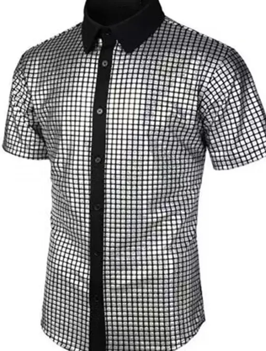 Hot OUKU Men's Prom Shirt Disco Shirt Tuxedo Shirts Plain Formal Evening Birthday Party Black Yellow Blue Rainbow Short Sleeve Lapel Summer Spring Clothing Apparel Sequins