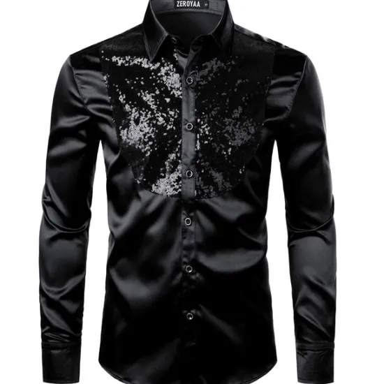 Clearance OUKU Men's Prom Shirt Disco Shirt Satin Silk Shirt Tuxedo Shirts Solid Color Wedding Party Black White Red Blue Long Sleeve Turndown Summer Spring Clothing Apparel Sequins