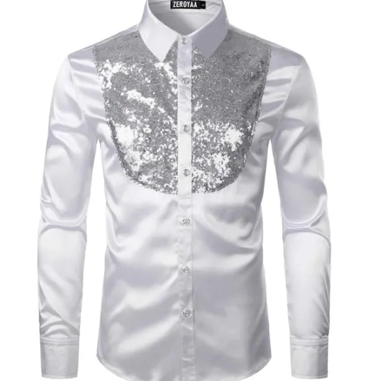 Clearance OUKU Men's Prom Shirt Disco Shirt Satin Silk Shirt Tuxedo Shirts Solid Color Wedding Party Black White Red Blue Long Sleeve Turndown Summer Spring Clothing Apparel Sequins