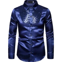 Clearance OUKU Men's Prom Shirt Disco Shirt Satin Silk Shirt Tuxedo Shirts Solid Color Wedding Party Black White Red Blue Long Sleeve Turndown Summer Spring Clothing Apparel Sequins