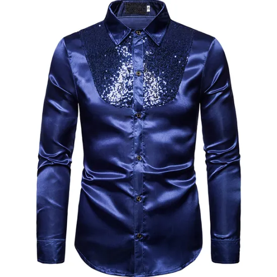 Clearance OUKU Men's Prom Shirt Disco Shirt Satin Silk Shirt Tuxedo Shirts Solid Color Wedding Party Black White Red Blue Long Sleeve Turndown Summer Spring Clothing Apparel Sequins