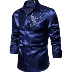 Clearance OUKU Men's Prom Shirt Disco Shirt Satin Silk Shirt Tuxedo Shirts Solid Color Wedding Party Black White Red Blue Long Sleeve Turndown Summer Spring Clothing Apparel Sequins