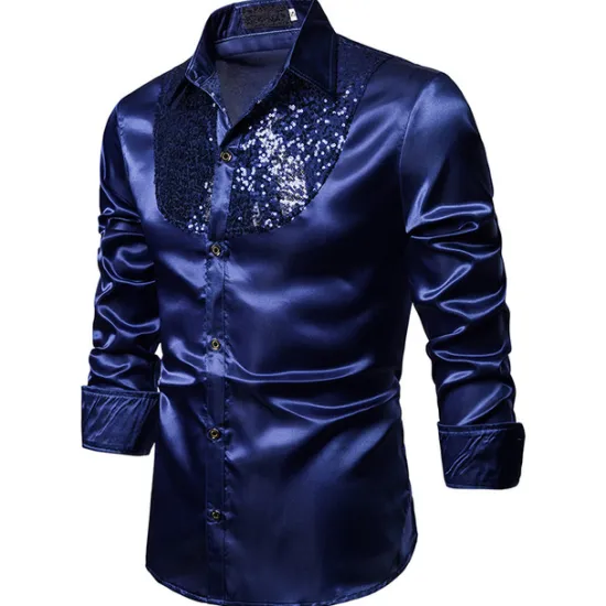 Clearance OUKU Men's Prom Shirt Disco Shirt Satin Silk Shirt Tuxedo Shirts Solid Color Wedding Party Black White Red Blue Long Sleeve Turndown Summer Spring Clothing Apparel Sequins