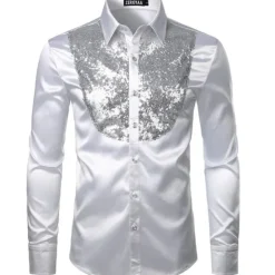Clearance OUKU Men's Prom Shirt Disco Shirt Satin Silk Shirt Tuxedo Shirts Solid Color Wedding Party Black White Red Blue Long Sleeve Turndown Summer Spring Clothing Apparel Sequins