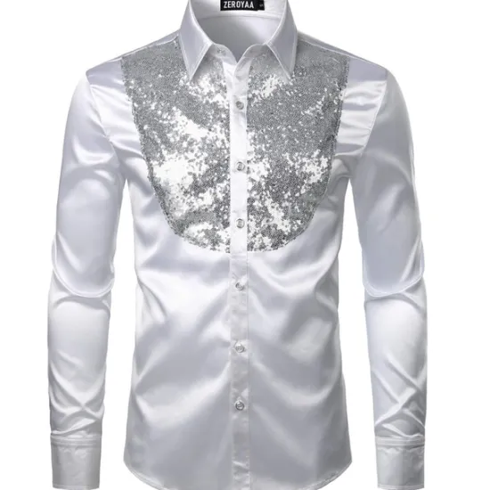 Clearance OUKU Men's Prom Shirt Disco Shirt Satin Silk Shirt Tuxedo Shirts Solid Color Wedding Party Black White Red Blue Long Sleeve Turndown Summer Spring Clothing Apparel Sequins