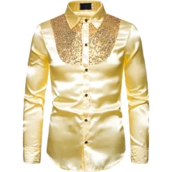 Clearance OUKU Men's Prom Shirt Disco Shirt Satin Silk Shirt Tuxedo Shirts Solid Color Wedding Party Black White Red Blue Long Sleeve Turndown Summer Spring Clothing Apparel Sequins