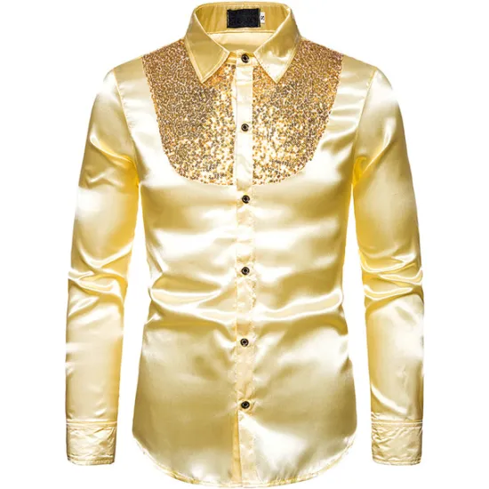 Clearance OUKU Men's Prom Shirt Disco Shirt Satin Silk Shirt Tuxedo Shirts Solid Color Wedding Party Black White Red Blue Long Sleeve Turndown Summer Spring Clothing Apparel Sequins