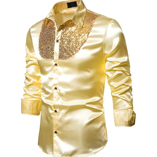 Clearance OUKU Men's Prom Shirt Disco Shirt Satin Silk Shirt Tuxedo Shirts Solid Color Wedding Party Black White Red Blue Long Sleeve Turndown Summer Spring Clothing Apparel Sequins