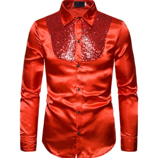 Clearance OUKU Men's Prom Shirt Disco Shirt Satin Silk Shirt Tuxedo Shirts Solid Color Wedding Party Black White Red Blue Long Sleeve Turndown Summer Spring Clothing Apparel Sequins