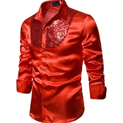Clearance OUKU Men's Prom Shirt Disco Shirt Satin Silk Shirt Tuxedo Shirts Solid Color Wedding Party Black White Red Blue Long Sleeve Turndown Summer Spring Clothing Apparel Sequins