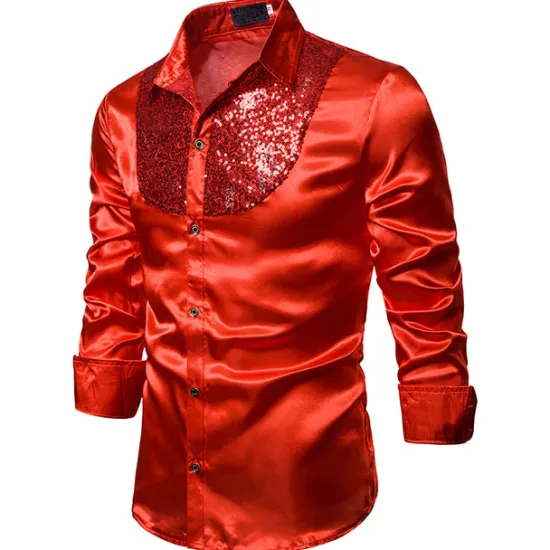 Clearance OUKU Men's Prom Shirt Disco Shirt Satin Silk Shirt Tuxedo Shirts Solid Color Wedding Party Black White Red Blue Long Sleeve Turndown Summer Spring Clothing Apparel Sequins
