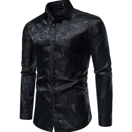 Hot OUKU Men's Prom Shirt Satin Silk Shirt Graphic Wedding Party Silver Black Wine Navy Blue Long Sleeve Turndown Clothing Apparel Button-Down