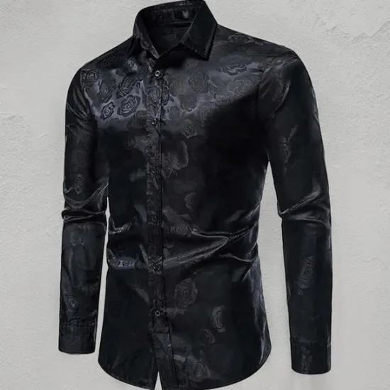 Hot OUKU Men's Prom Shirt Satin Silk Shirt Graphic Wedding Party Silver Black Wine Navy Blue Long Sleeve Turndown Clothing Apparel Button-Down