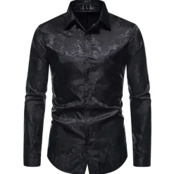 Hot OUKU Men's Prom Shirt Satin Silk Shirt Graphic Wedding Party Silver Black Wine Navy Blue Long Sleeve Turndown Clothing Apparel Button-Down