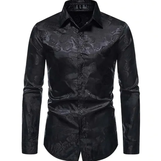 Hot OUKU Men's Prom Shirt Satin Silk Shirt Graphic Wedding Party Silver Black Wine Navy Blue Long Sleeve Turndown Clothing Apparel Button-Down