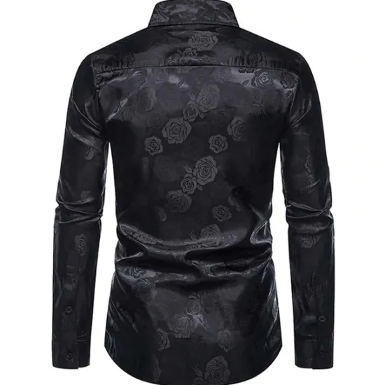 Hot OUKU Men's Prom Shirt Satin Silk Shirt Graphic Wedding Party Silver Black Wine Navy Blue Long Sleeve Turndown Clothing Apparel Button-Down