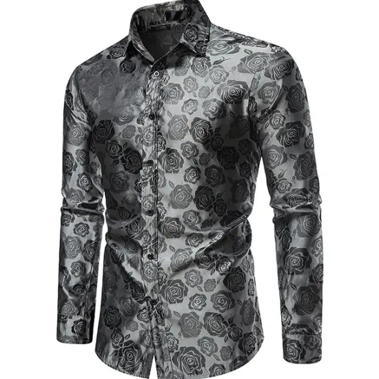 Hot OUKU Men's Prom Shirt Satin Silk Shirt Graphic Wedding Party Silver Black Wine Navy Blue Long Sleeve Turndown Clothing Apparel Button-Down
