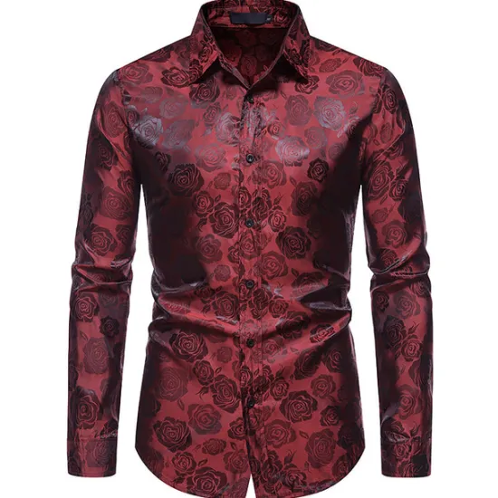 Hot OUKU Men's Prom Shirt Satin Silk Shirt Graphic Wedding Party Silver Black Wine Navy Blue Long Sleeve Turndown Clothing Apparel Button-Down