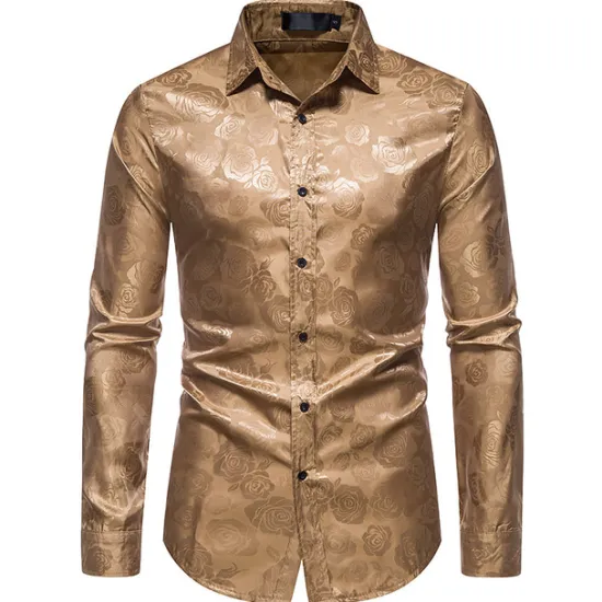 Hot OUKU Men's Prom Shirt Satin Silk Shirt Graphic Wedding Party Silver Black Wine Navy Blue Long Sleeve Turndown Clothing Apparel Button-Down