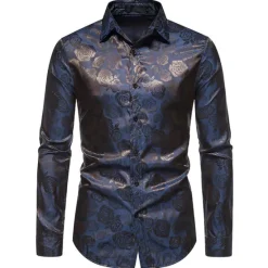 Hot OUKU Men's Prom Shirt Satin Silk Shirt Graphic Wedding Party Silver Black Wine Navy Blue Long Sleeve Turndown Clothing Apparel Button-Down