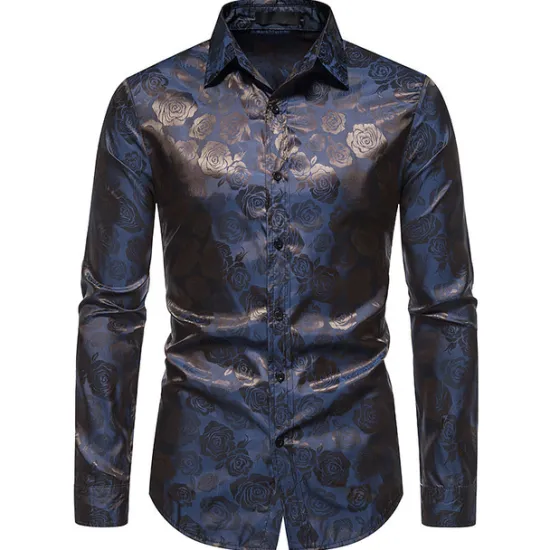Hot OUKU Men's Prom Shirt Satin Silk Shirt Graphic Wedding Party Silver Black Wine Navy Blue Long Sleeve Turndown Clothing Apparel Button-Down