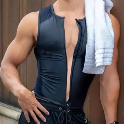 Online OUKU Men's PU leather Tank Full Zip Top Vest Top Undershirt Sleeveless Shirt Plain Crewneck Outdoor Going out Sleeveless Fashion Designer Muscle Top Black